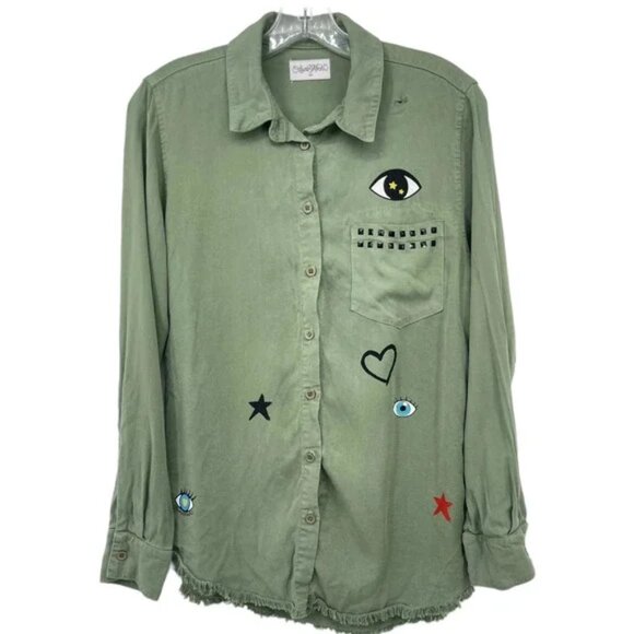 Lauren Moshi Green Button Up Top Womens XSmall Eye Heart Army Fringe Stud - Picture 2 of 10